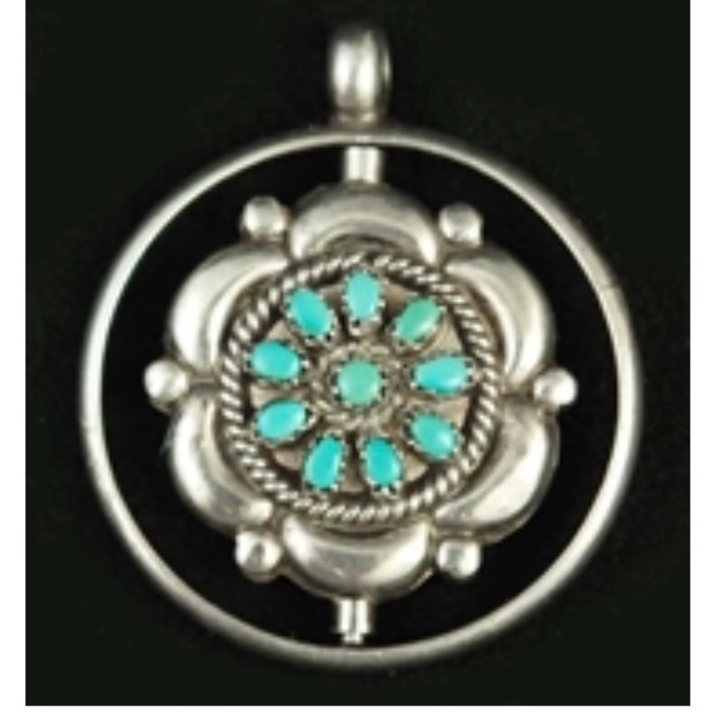 Navajo Zuni Vintage Silver Turquoise and Coral Spinner Pendant w chain. Marked. - Picture 5 of 10